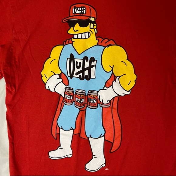 Duff Man In Cape Superhero Pose The Simpsons Red T-shirt Men’s Size Large - Picture 3 of 7